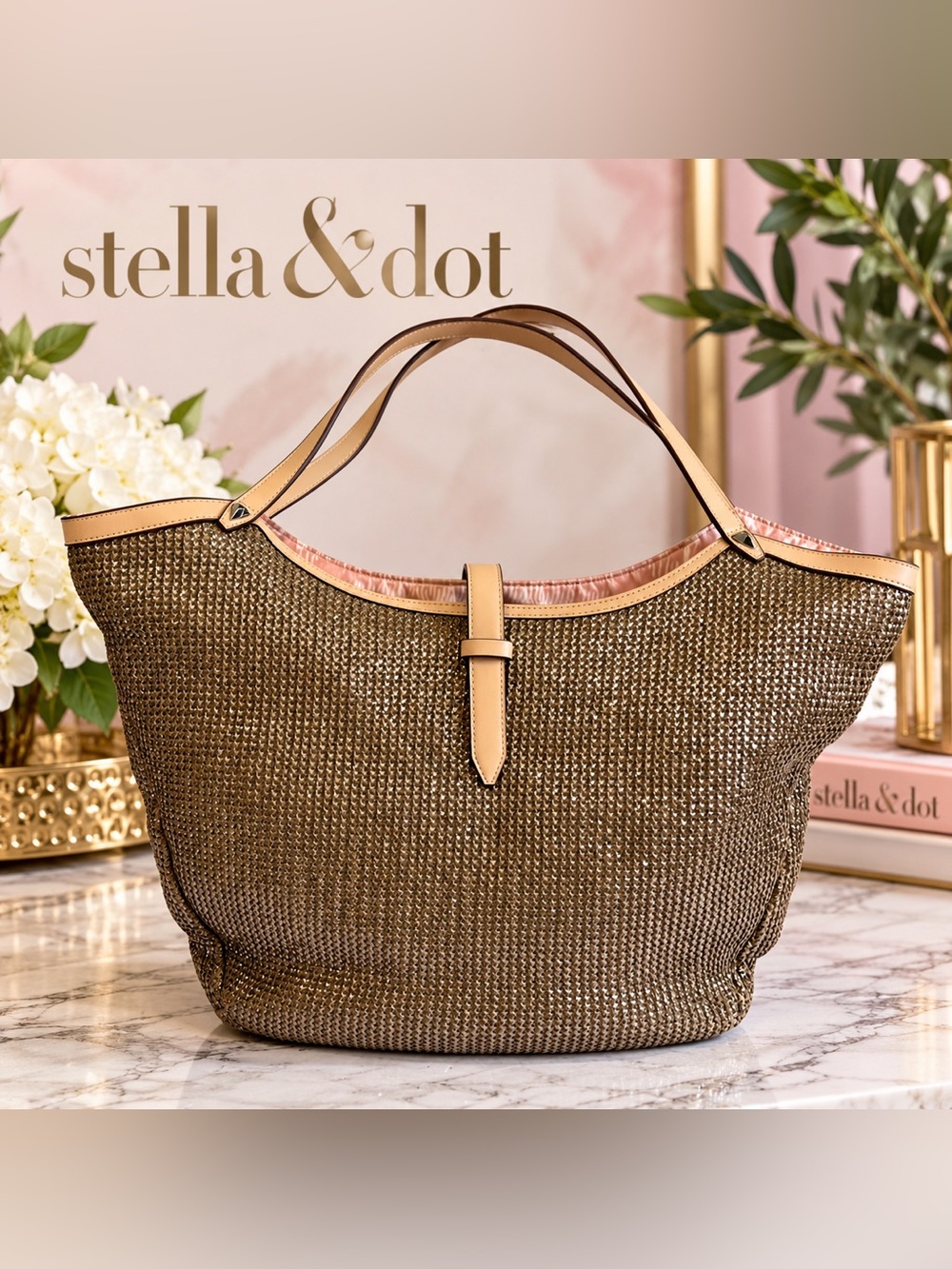 Stella & Dot Riviera Tote Metallic Bronze Woven Straw Shoulder Bag NWOT